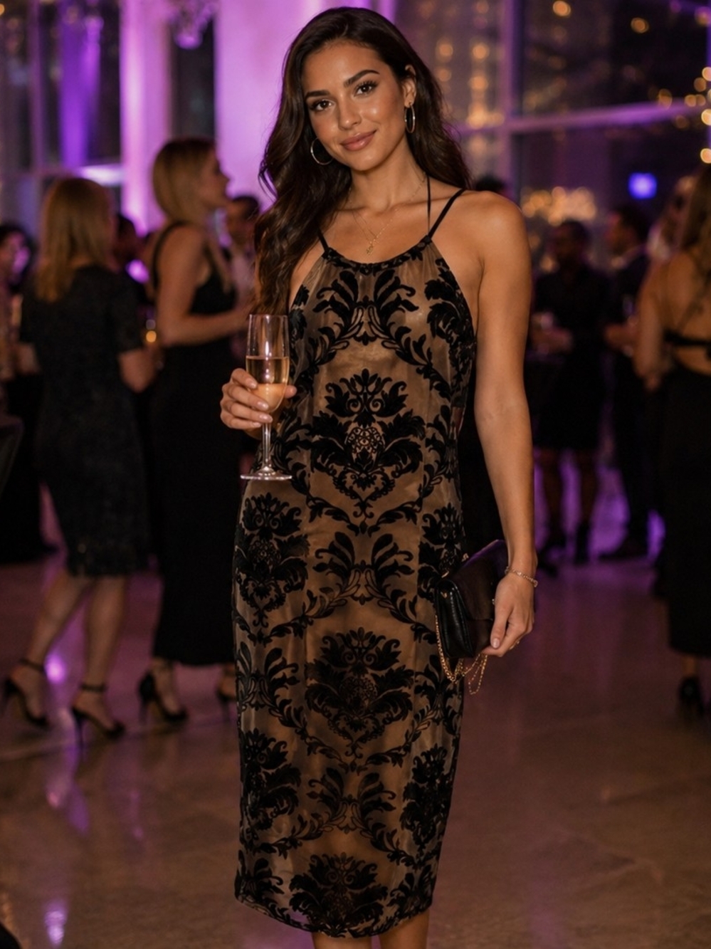 Black and Brown Backless Velvet Slip Dress